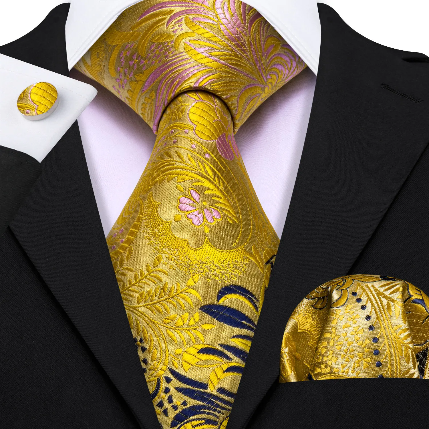 Barry.Wang Gold Silk Mens Tie Hanky Cufflinks Set Yellow Beige Orange Luxury Jacquard Necktie For Male Wedding Business Party - Image 95