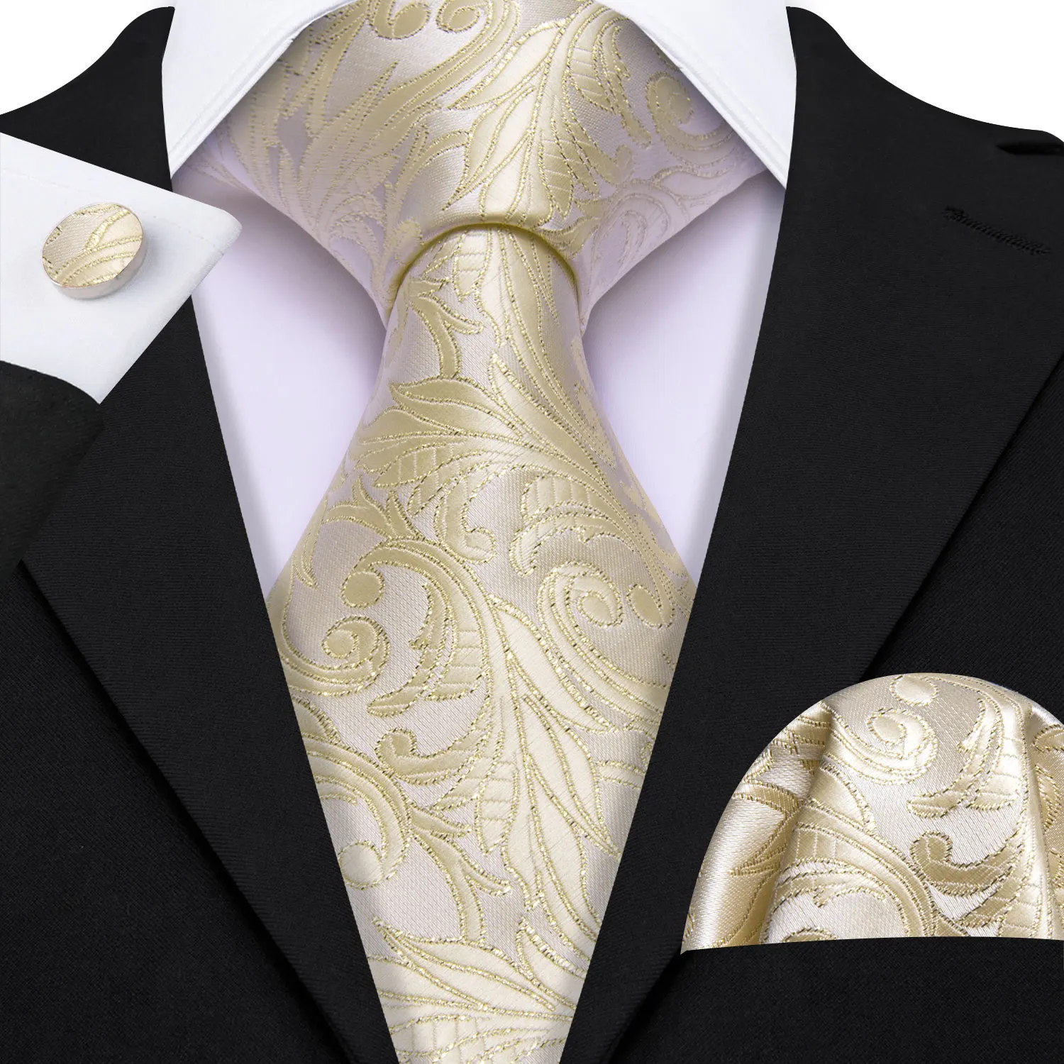 Barry.Wang Gold Silk Mens Tie Hanky Cufflinks Set Yellow Beige Orange Luxury Jacquard Necktie For Male Wedding Business Party - Image 101