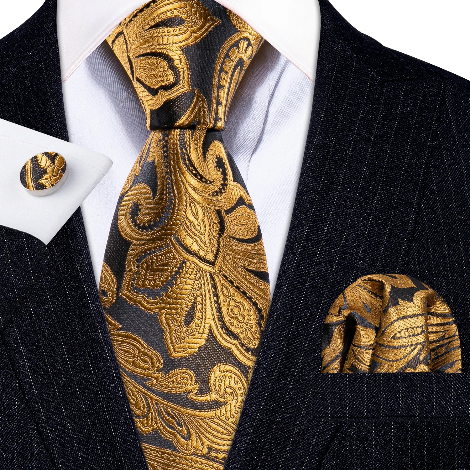 Barry.Wang Gold Silk Mens Tie Hanky Cufflinks Set Yellow Beige Orange Luxury Jacquard Necktie For Male Wedding Business Party - Image 110