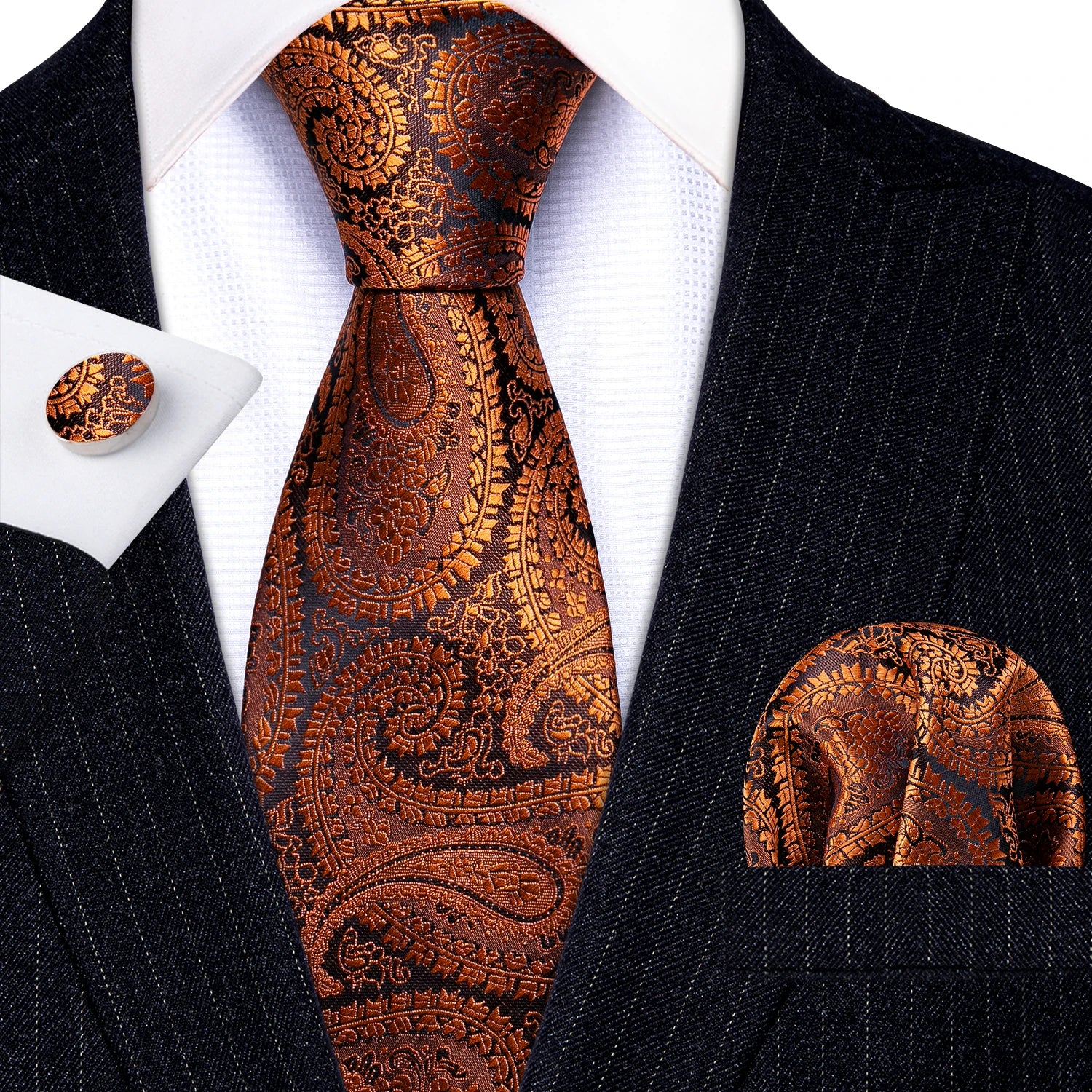 Barry.Wang Gold Silk Mens Tie Hanky Cufflinks Set Yellow Beige Orange Luxury Jacquard Necktie For Male Wedding Business Party - Image 45