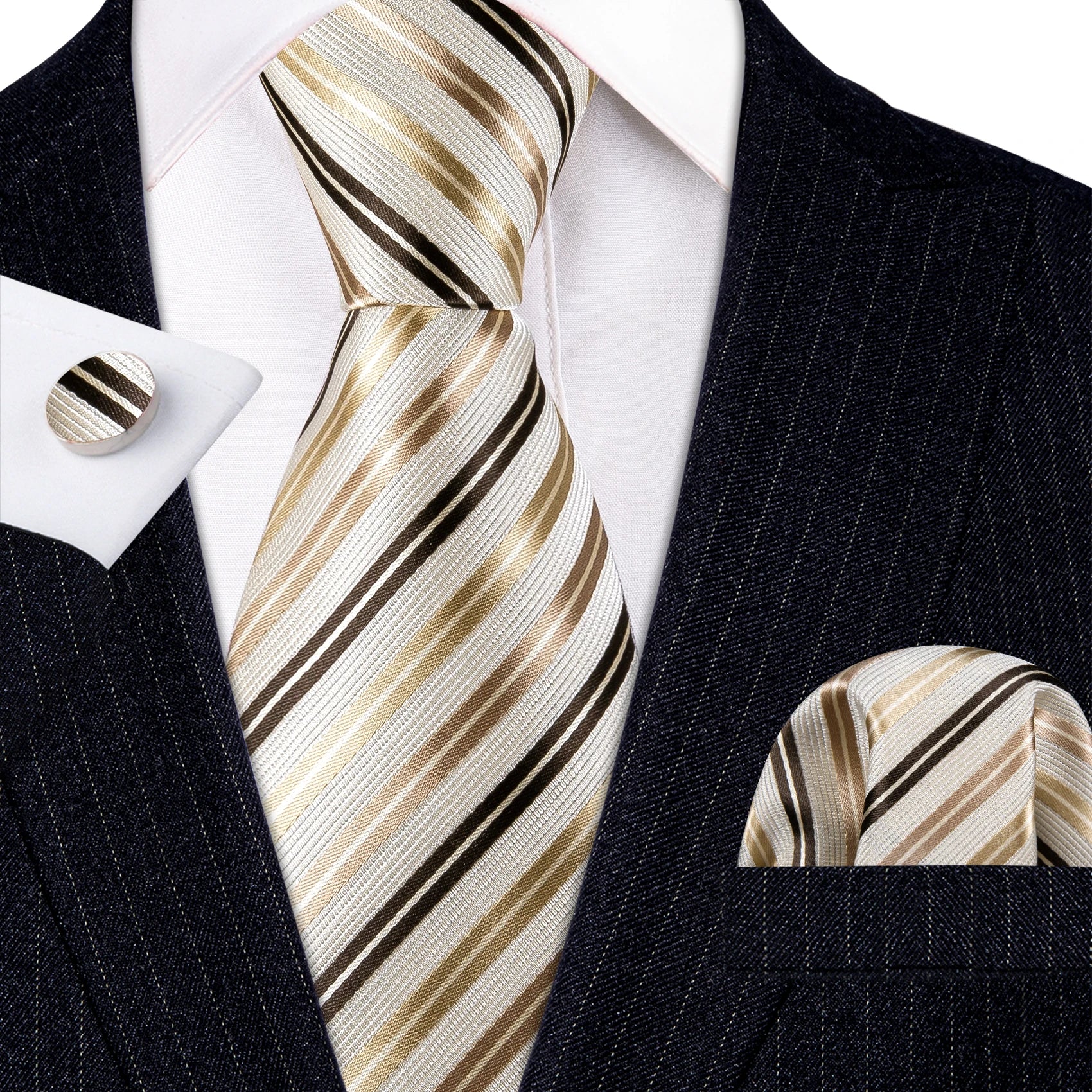 Barry.Wang Gold Silk Mens Tie Hanky Cufflinks Set Yellow Beige Orange Luxury Jacquard Necktie For Male Wedding Business Party - Image 54