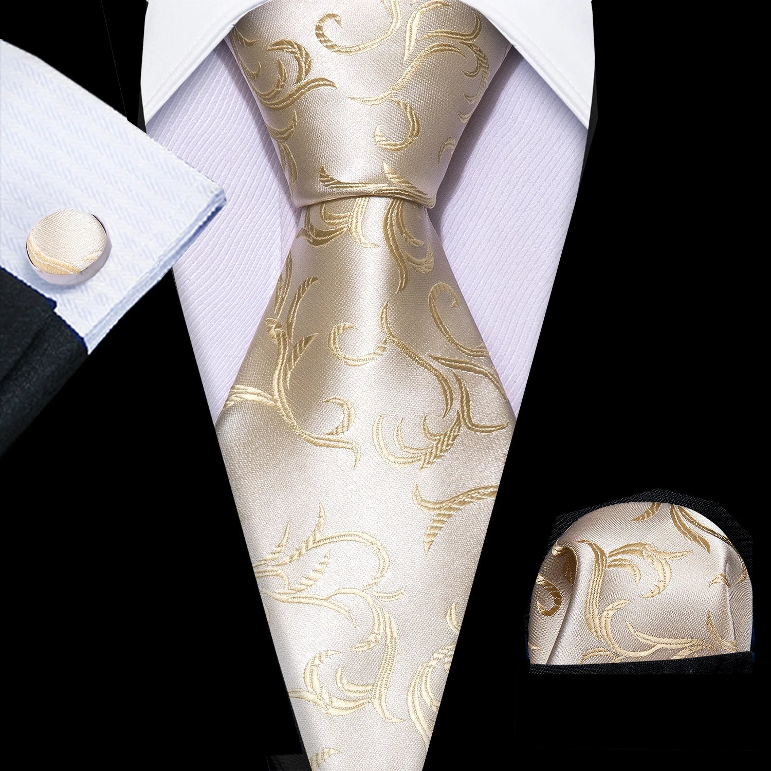 Barry.Wang Gold Silk Mens Tie Hanky Cufflinks Set Yellow Beige Orange Luxury Jacquard Necktie For Male Wedding Business Party - Image 58
