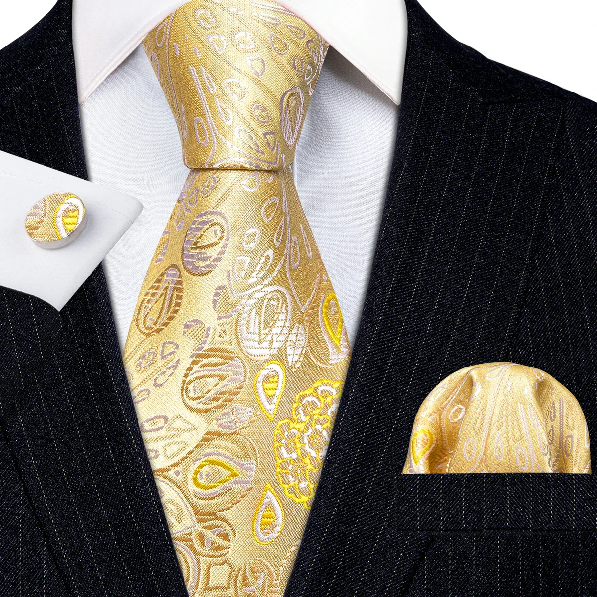 Barry.Wang Gold Silk Mens Tie Hanky Cufflinks Set Yellow Beige Orange Luxury Jacquard Necktie For Male Wedding Business Party - Image 59
