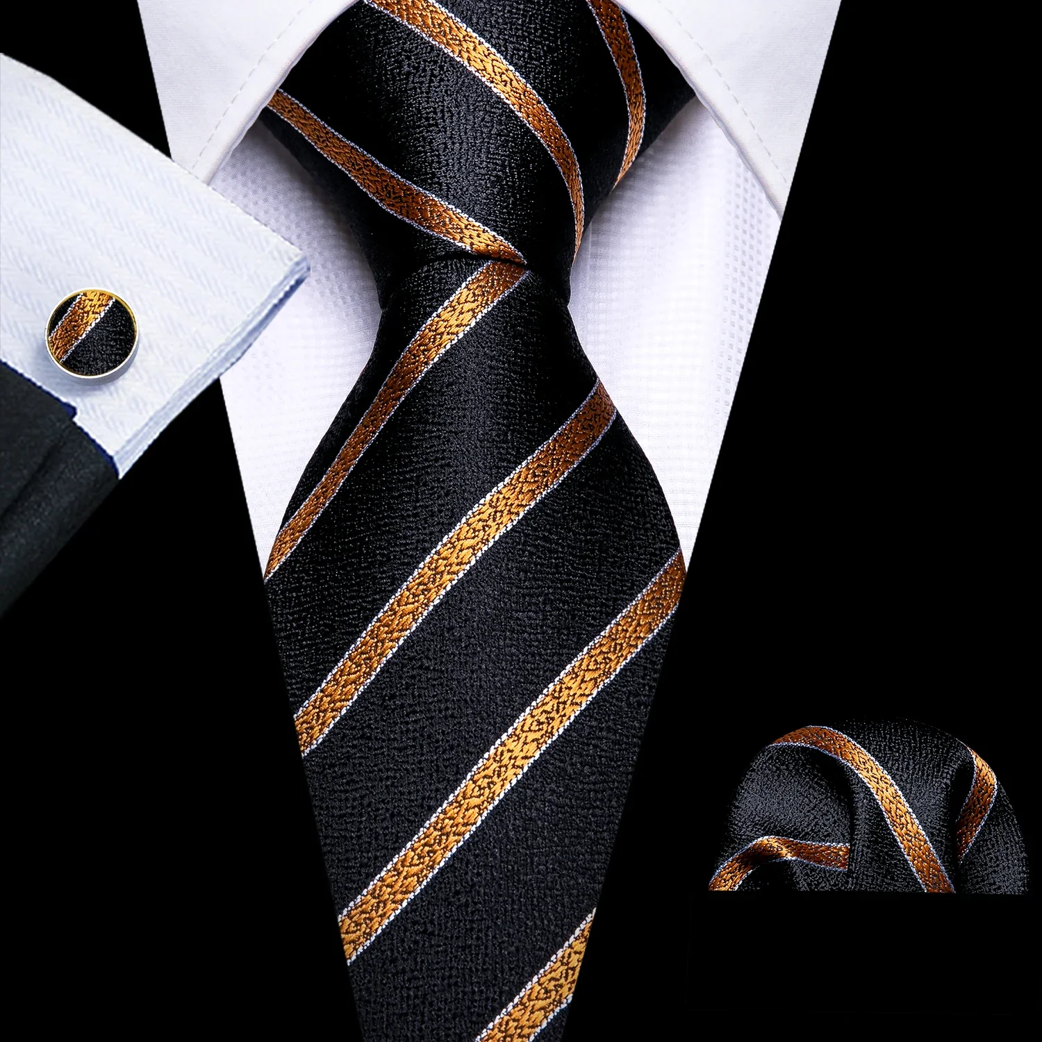 Barry.Wang Gold Silk Mens Tie Hanky Cufflinks Set Yellow Beige Orange Luxury Jacquard Necktie For Male Wedding Business Party - Image 60