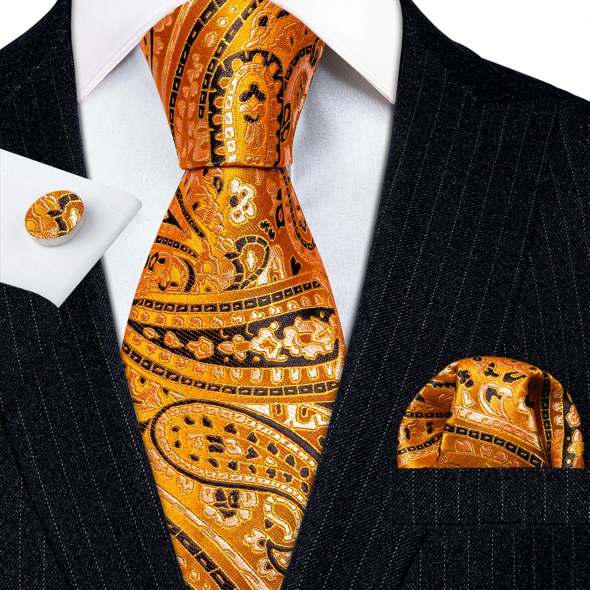 Barry.Wang Gold Silk Mens Tie Hanky Cufflinks Set Yellow Beige Orange Luxury Jacquard Necktie For Male Wedding Business Party - Image 62