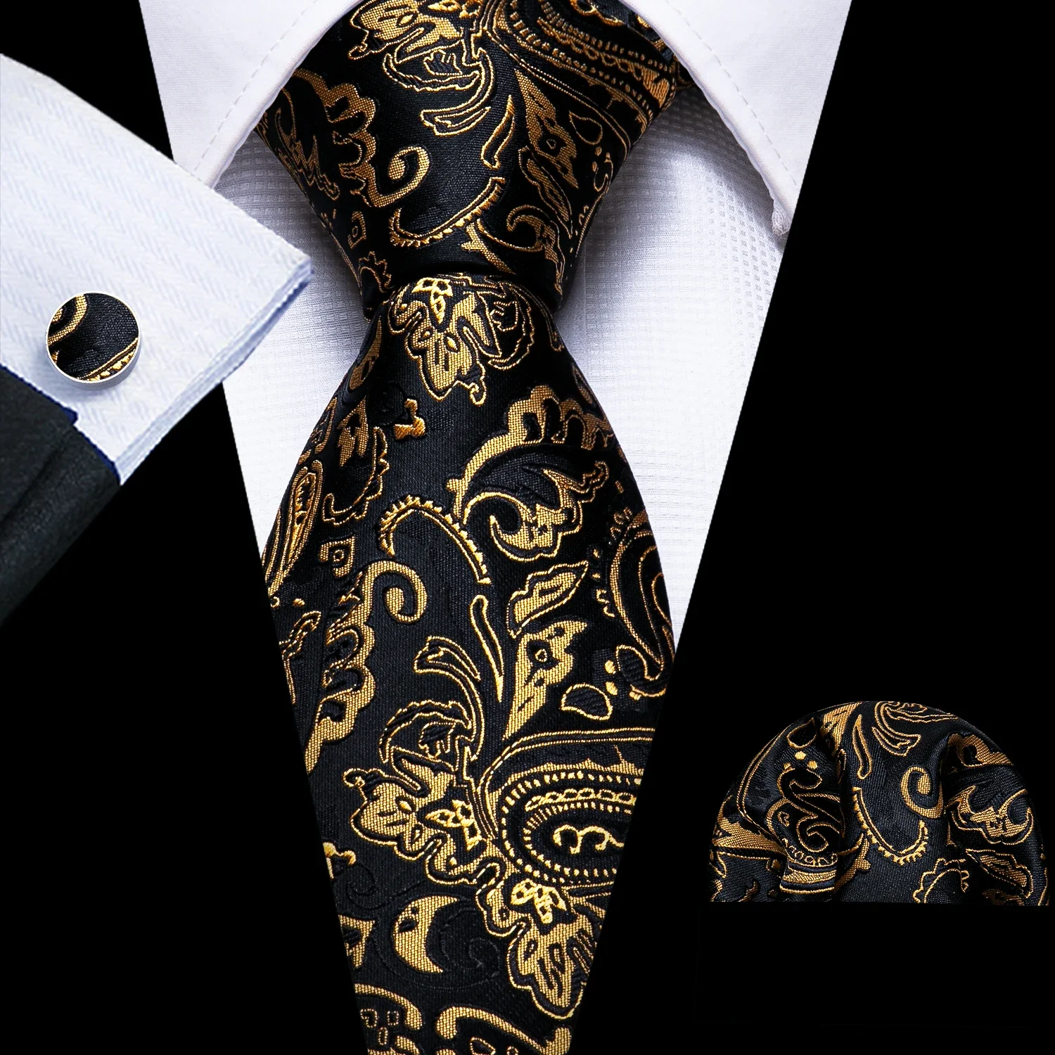 Barry.Wang Gold Silk Mens Tie Hanky Cufflinks Set Yellow Beige Orange Luxury Jacquard Necktie For Male Wedding Business Party - Image 64