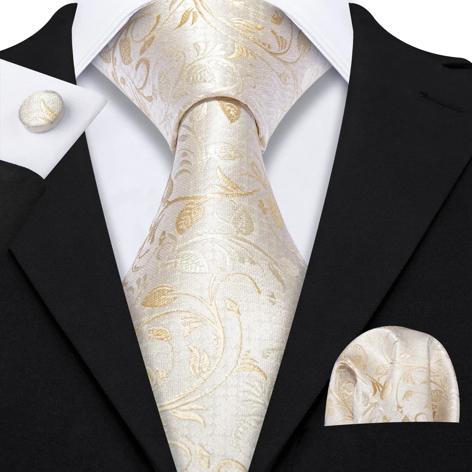 Barry.Wang Gold Silk Mens Tie Hanky Cufflinks Set Yellow Beige Orange Luxury Jacquard Necktie For Male Wedding Business Party - Image 69