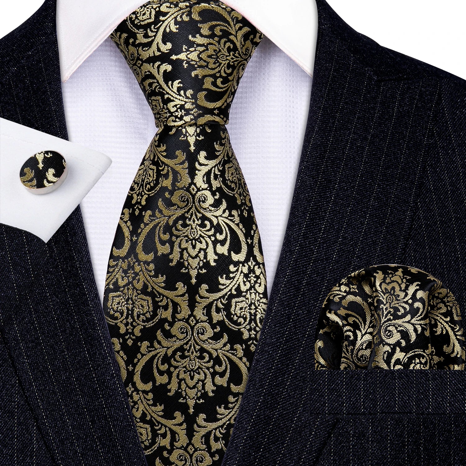 Barry.Wang Gold Silk Mens Tie Hanky Cufflinks Set Yellow Beige Orange Luxury Jacquard Necktie For Male Wedding Business Party - Image 75