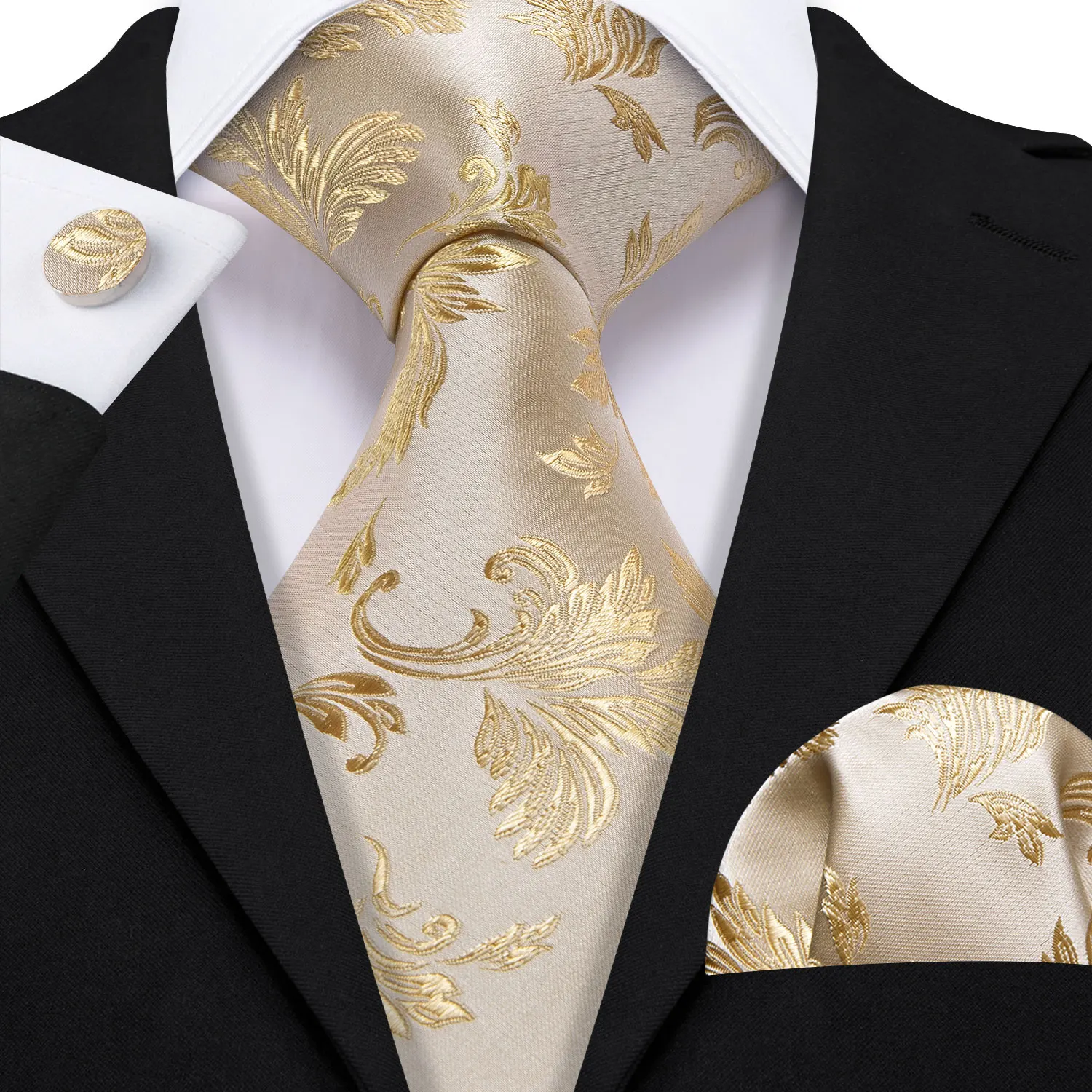 Barry.Wang Gold Silk Mens Tie Hanky Cufflinks Set Yellow Beige Orange Luxury Jacquard Necktie For Male Wedding Business Party - Image 76