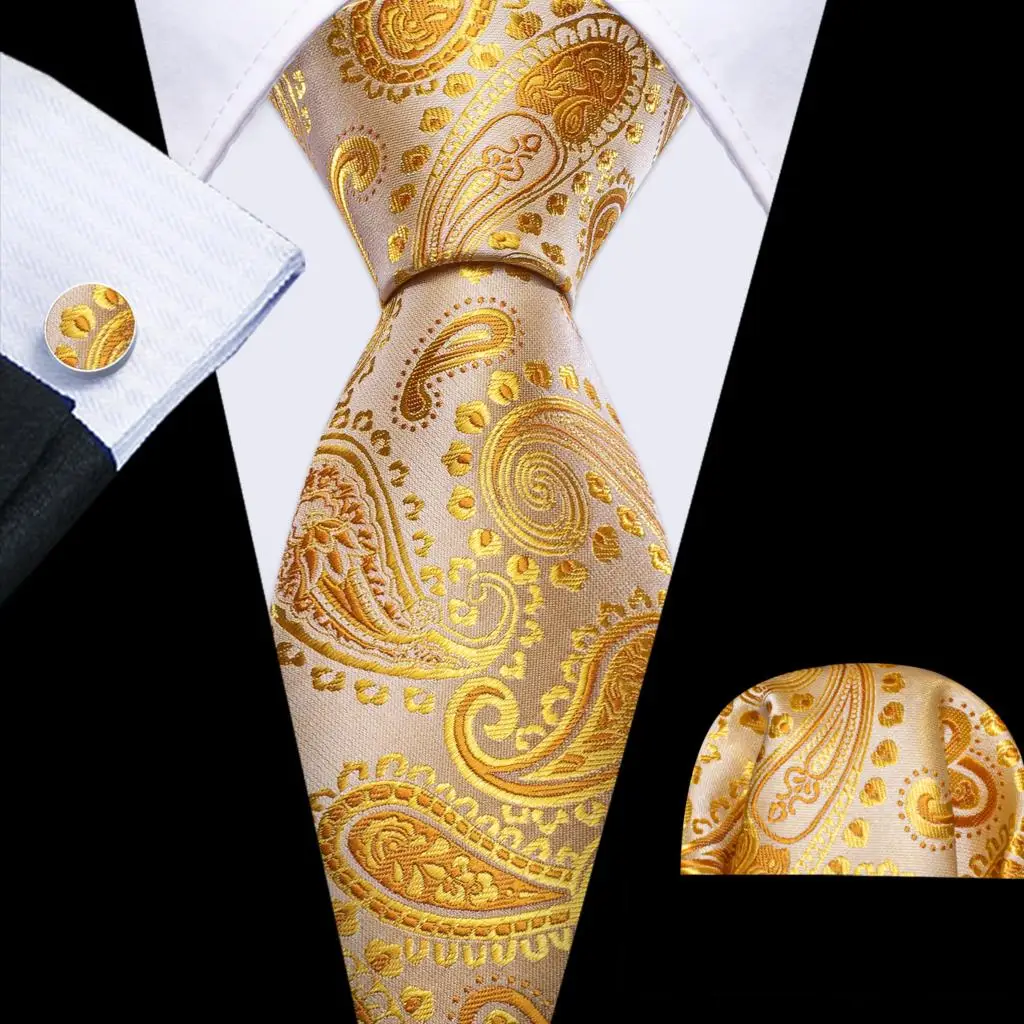 Barry.Wang Gold Silk Mens Tie Hanky Cufflinks Set Yellow Beige Orange Luxury Jacquard Necktie For Male Wedding Business Party - Image 78