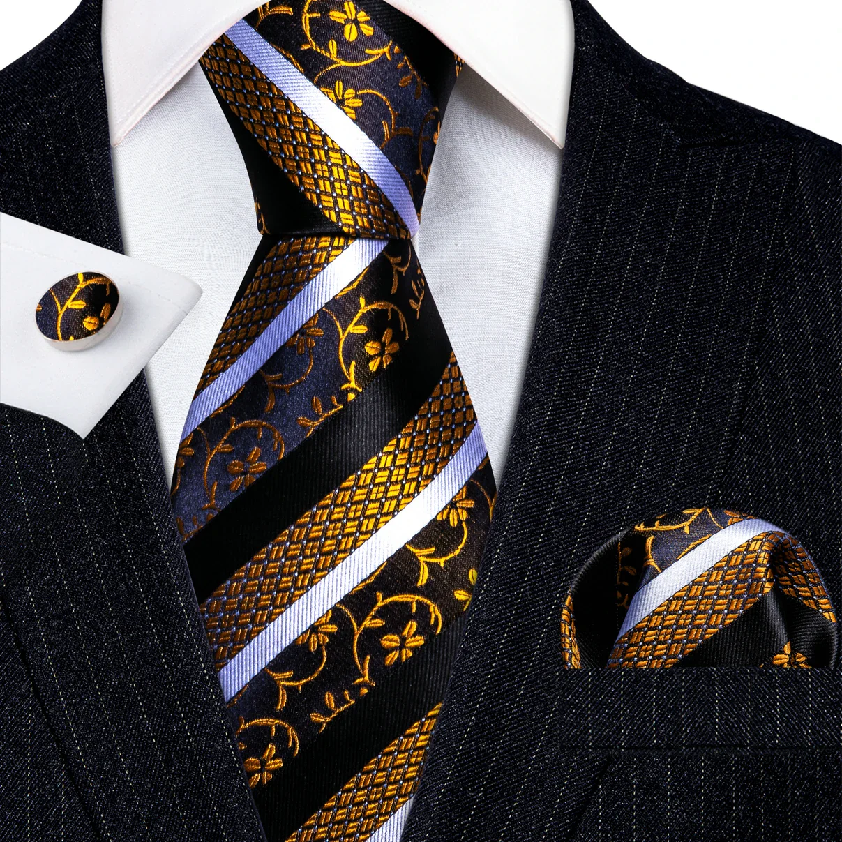 Barry.Wang Gold Silk Mens Tie Hanky Cufflinks Set Yellow Beige Orange Luxury Jacquard Necktie For Male Wedding Business Party - Image 84