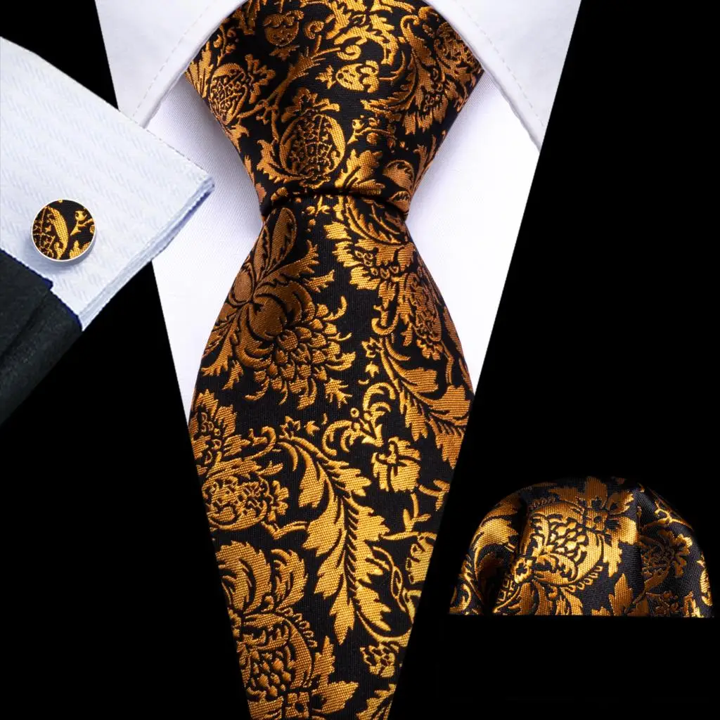 Barry.Wang Gold Silk Mens Tie Hanky Cufflinks Set Yellow Beige Orange Luxury Jacquard Necktie For Male Wedding Business Party - Image 85