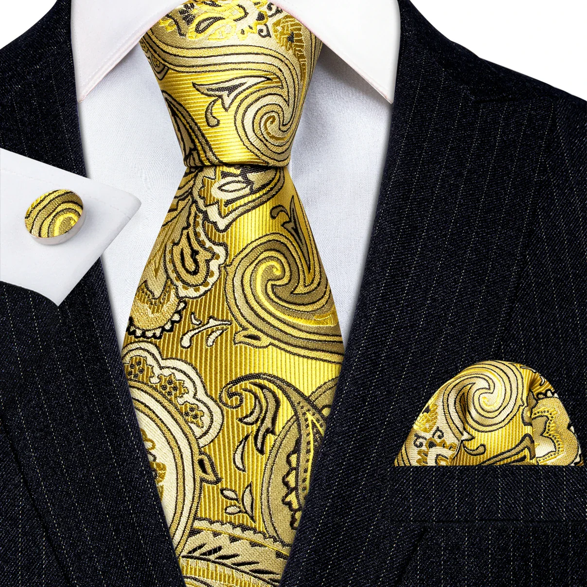Barry.Wang Gold Silk Mens Tie Hanky Cufflinks Set Yellow Beige Orange Luxury Jacquard Necktie For Male Wedding Business Party - Image 86