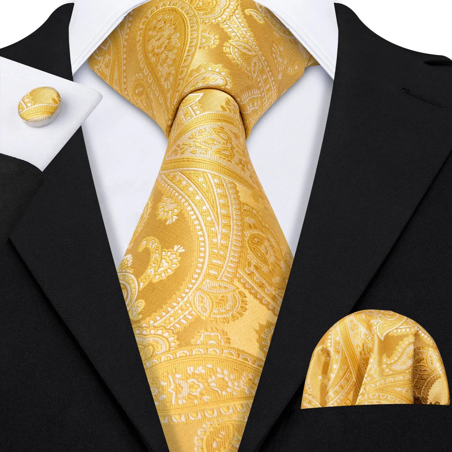 Barry.Wang Gold Silk Mens Tie Hanky Cufflinks Set Yellow Beige Orange Luxury Jacquard Necktie For Male Wedding Business Party - Image 90