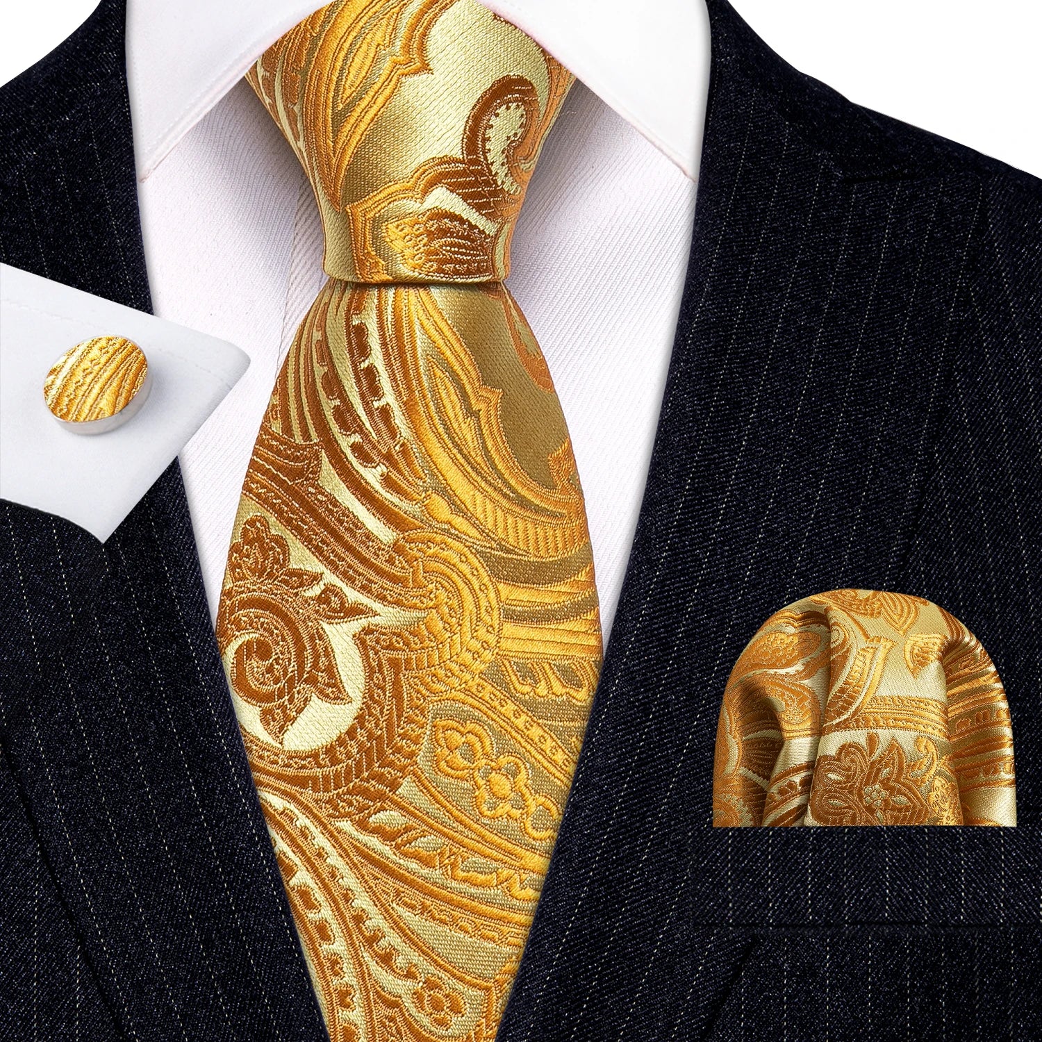 Barry.Wang Gold Silk Mens Tie Hanky Cufflinks Set Yellow Beige Orange Luxury Jacquard Necktie For Male Wedding Business Party - Image 95