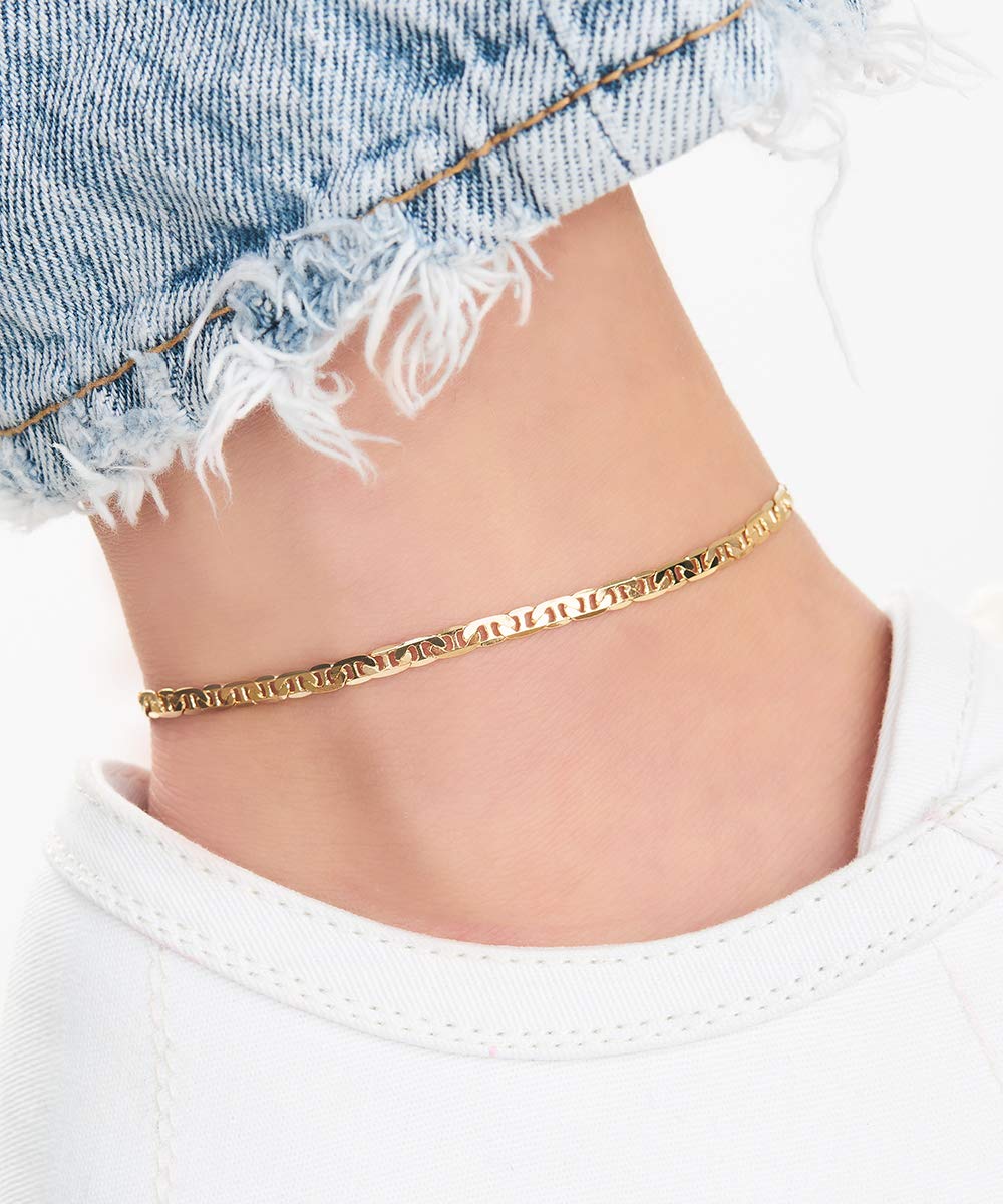 Barzel Womens Gold Anklet Flat Mariner 18K Gold Plated Flat Marina Link Anklet for Women - Made In Brazil (10.00) - Image 3