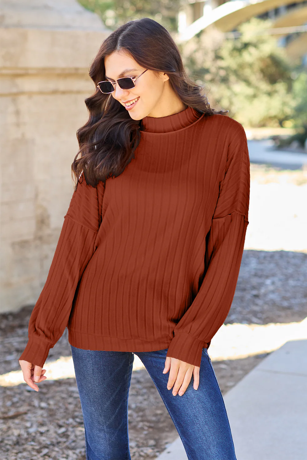 Basic Bae Full Size Ribbed Exposed Seam Mock Neck Knit Top - Image 5