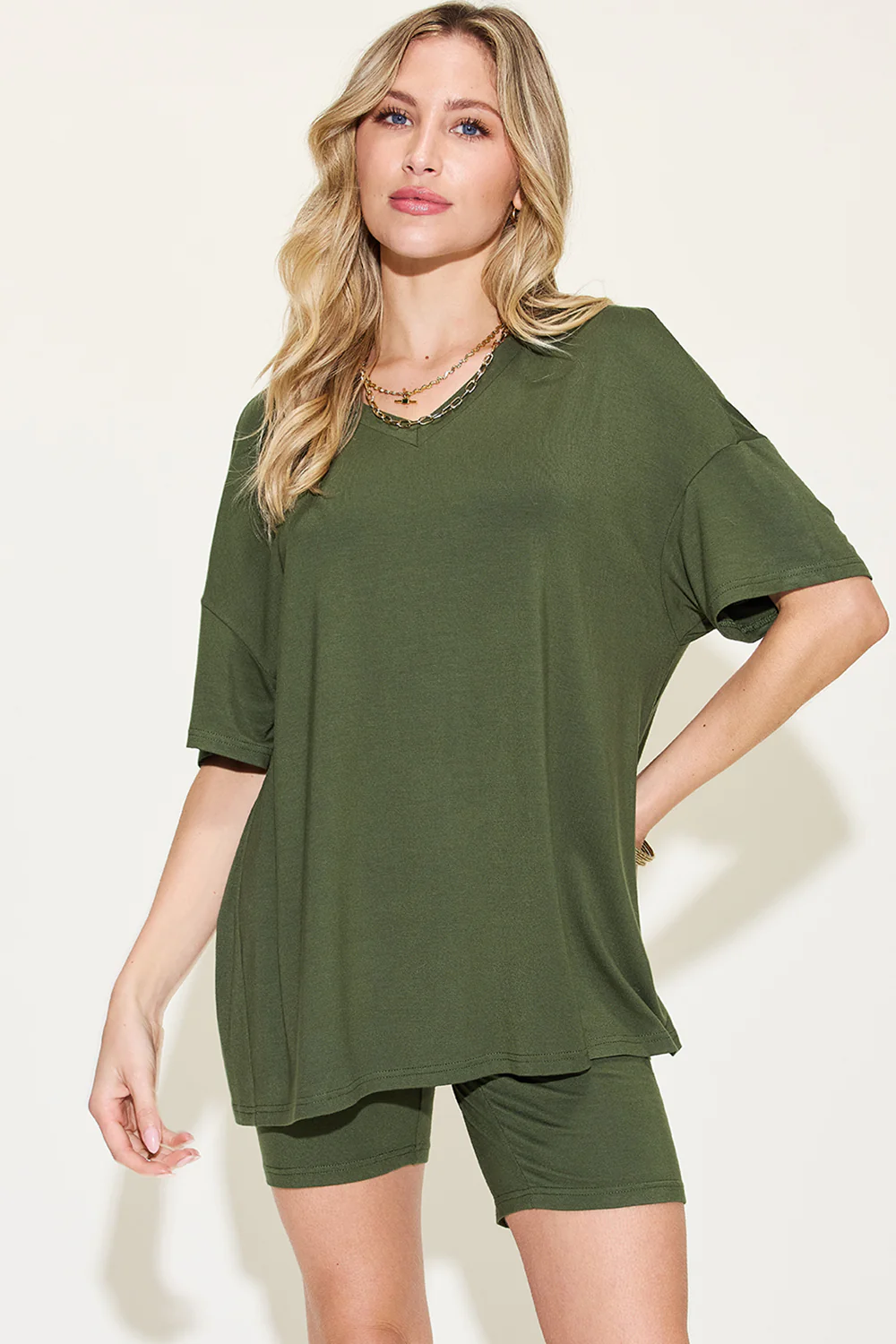 Basic Bae Full Size V-Neck Drop Shoulder Short Sleeve T-Shirt and Shorts Set - Image 17