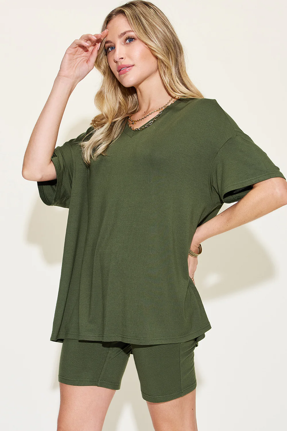 Basic Bae Full Size V-Neck Drop Shoulder Short Sleeve T-Shirt and Shorts Set - Image 18