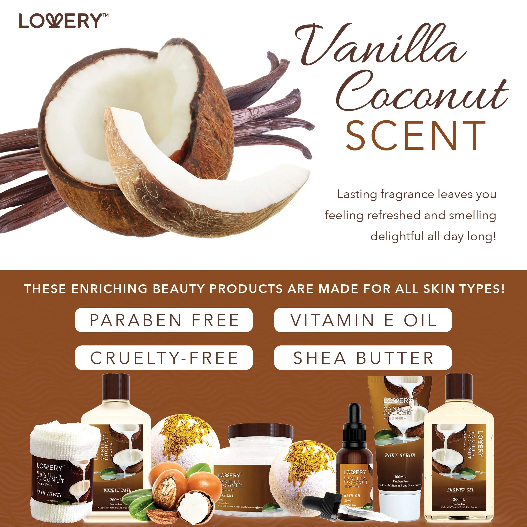 Bath and Body Gift Basket For Women and Men – 9 Piece Set of Vanilla Coconut Home Spa Set, Includes Fragrant Lotions, Extra Large Bath Bombs, Coconut Oil, Luxurious Bath Towel & More - Image 7