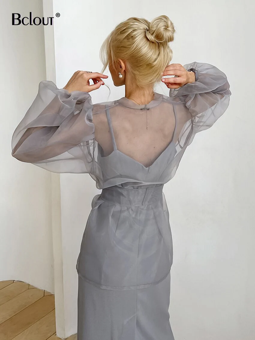 Bclout Fashion Tulle Tops Women 2023 Elegant Gray Lace-Up Puff Sleeve Transparent Blouses Sexy V-Neck Party Thin Mesh Shirts Y2k - Image 7