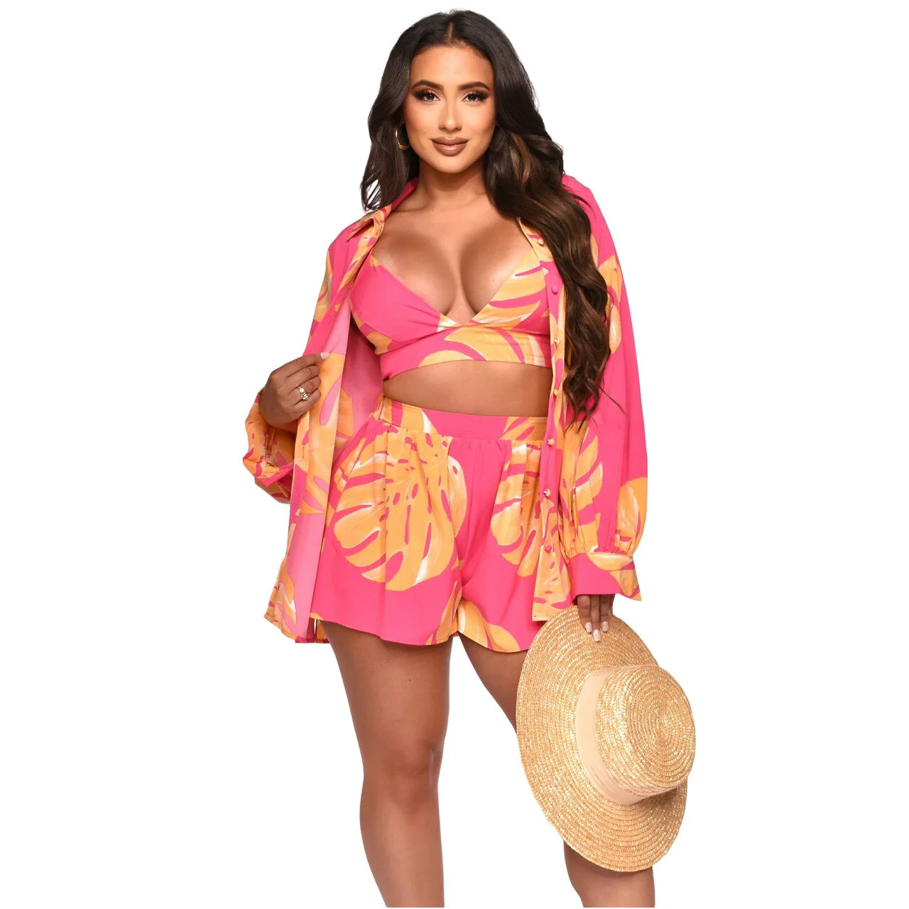 Beach Clothes Women 2023 Swim Cover Up Summer Dress Suit New Sexy Print Sides Three Piece Solid Polyester Pareo Saida De Praia - Image 2