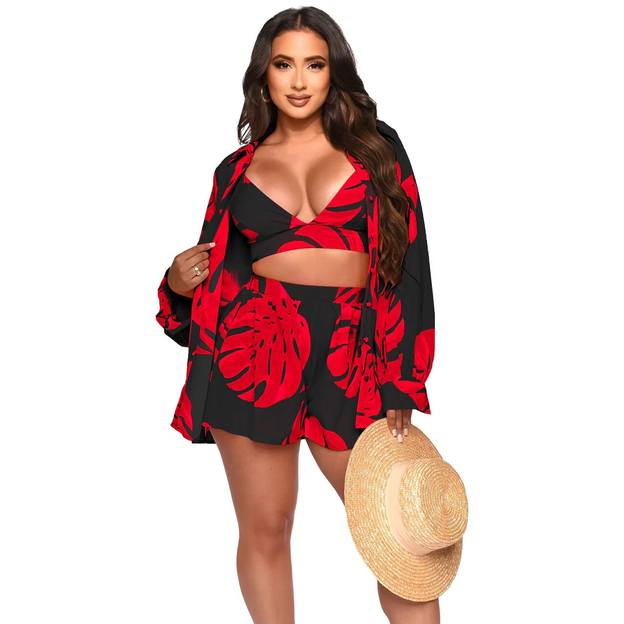 Beach Clothes Women 2023 Swim Cover Up Summer Dress Suit New Sexy Print Sides Three Piece Solid Polyester Pareo Saida De Praia - Image 3
