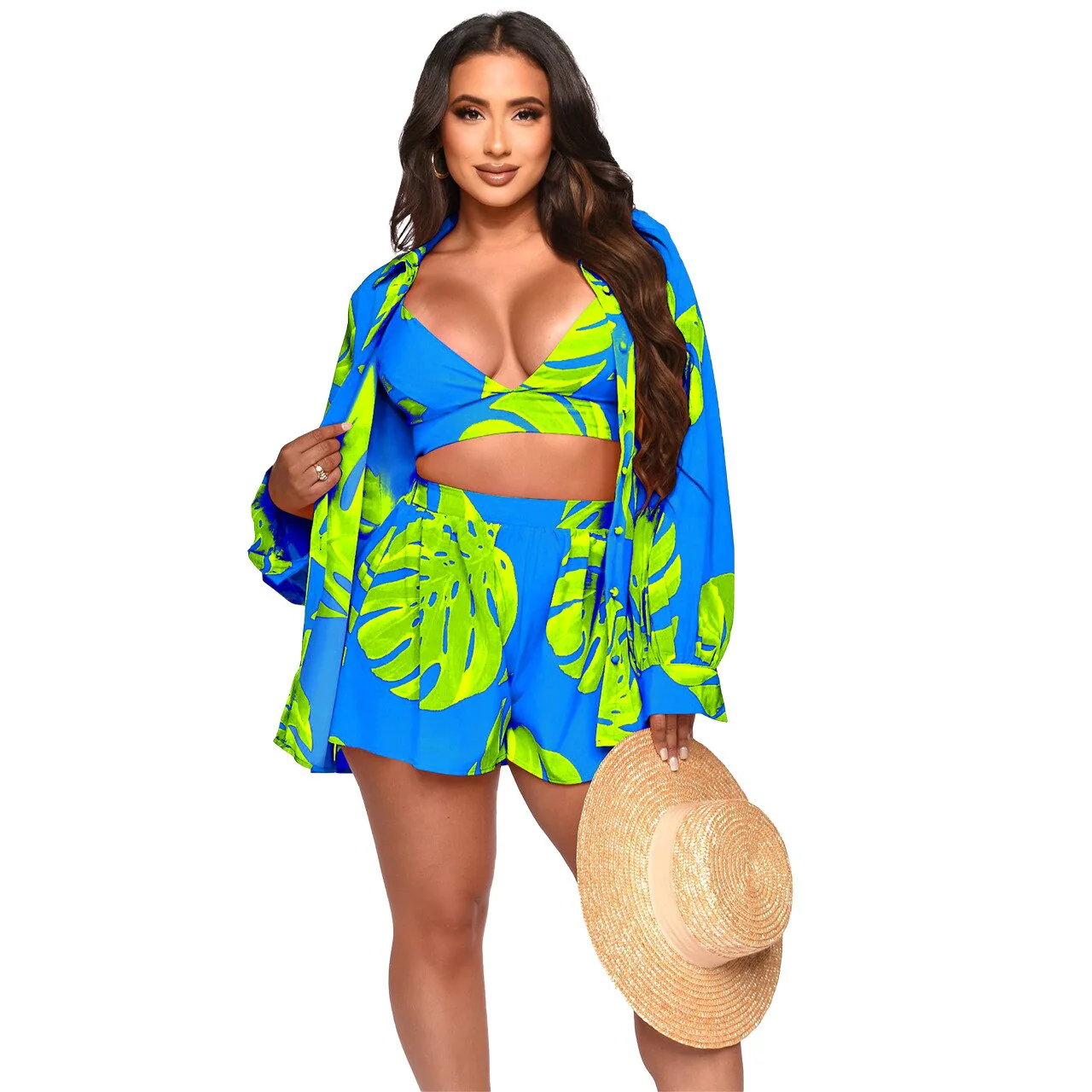 Beach Clothes Women 2023 Swim Cover Up Summer Dress Suit New Sexy Print Sides Three Piece Solid Polyester Pareo Saida De Praia - Image 4