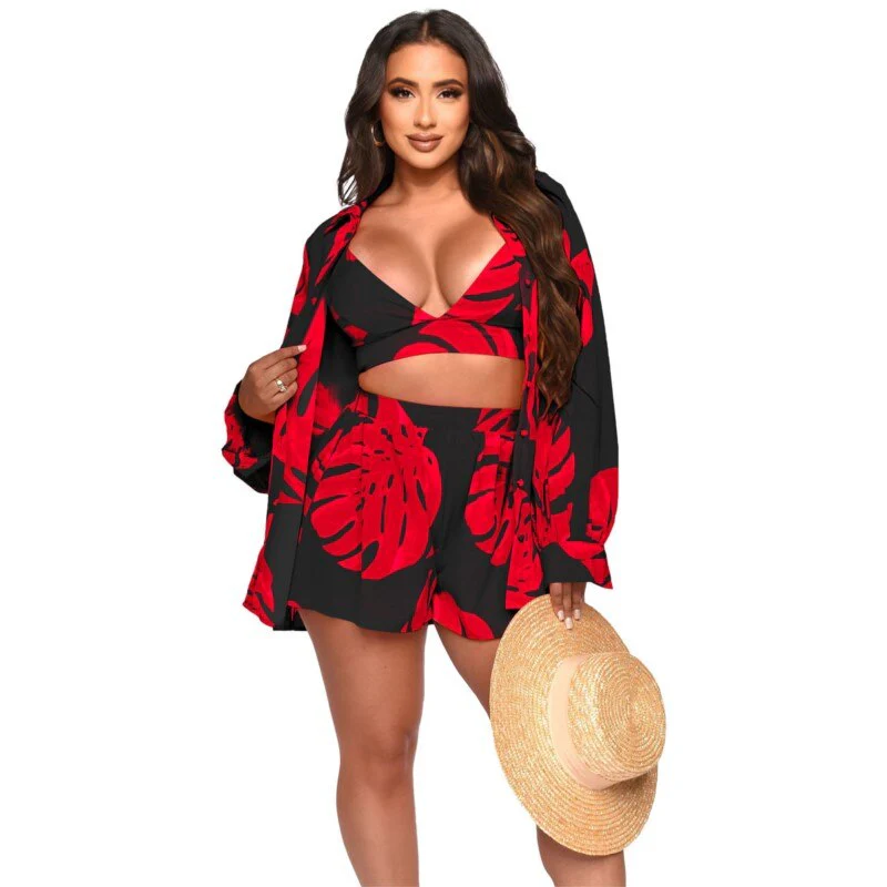 Beach Clothes Women 2023 Swim Cover Up Summer Dress Suit New Sexy Print Sides Three Piece Solid Polyester Pareo Saida De Praia - Image 5