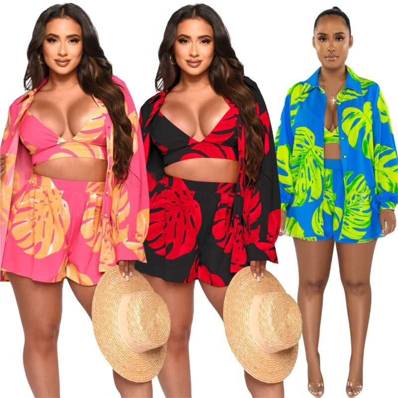 Beach Clothes Women 2023 Swim Cover Up Summer Dress Suit New Sexy Print Sides Three Piece Solid Polyester Pareo Saida De Praia - Image 7