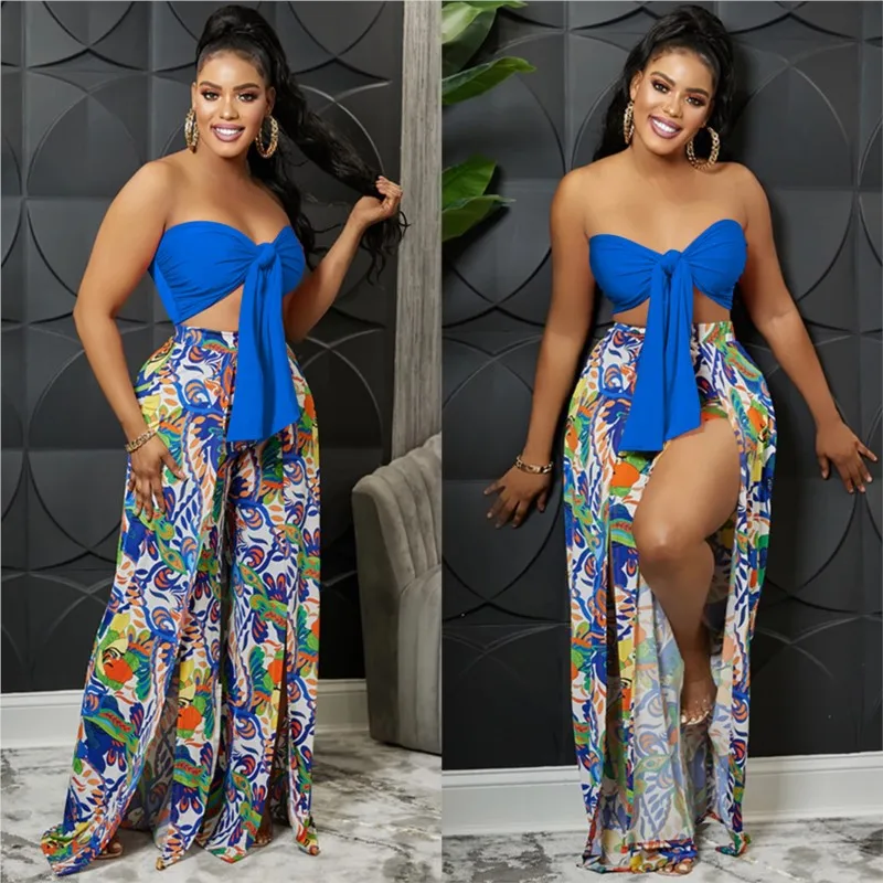 Beach Cover Up For Women Luxury Suit Dress New Strapless Backless Print With Split Pants Two Piece Spandex Swimsuit Whole Bath - Image 3