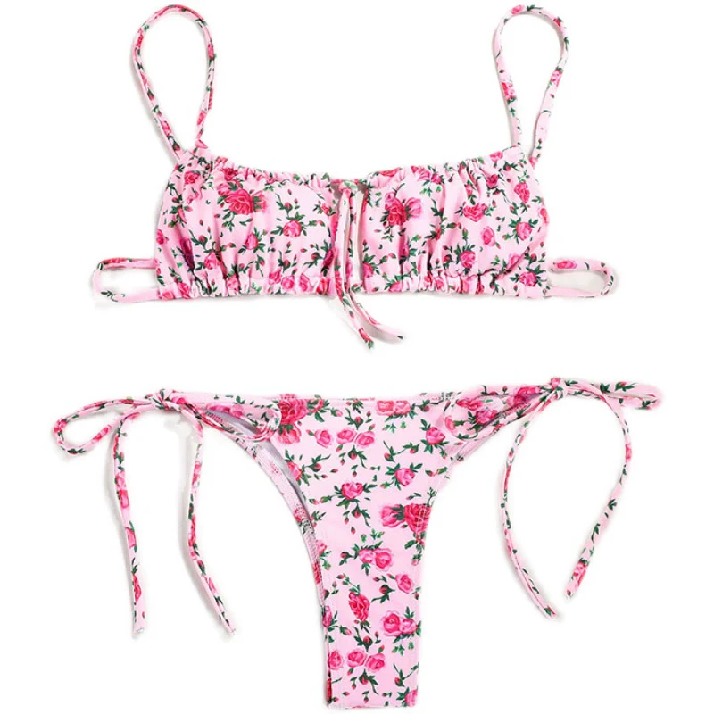 Beach Hollow out Tied Super Small Sexy Bikini Triangle Bikini with Chest Pad Floral Swimsuit Women's Split Swimsuit - Image 5