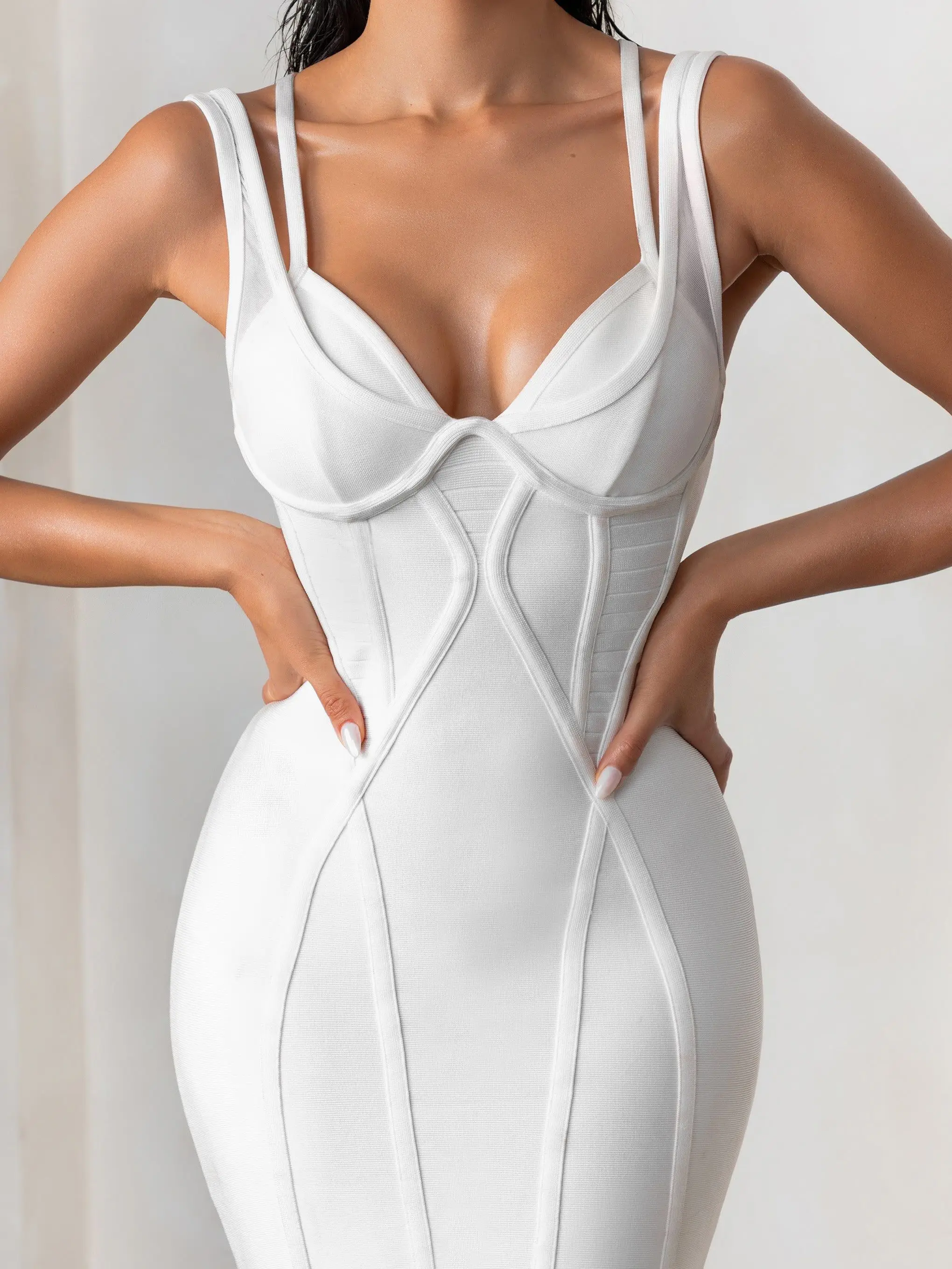 BEAUKEY 2023 For Women White Midi Bandage Dress Double Straps Criss Cross Dress Bodycon Runway Split Bustier Elegant Vestidos - Image 3