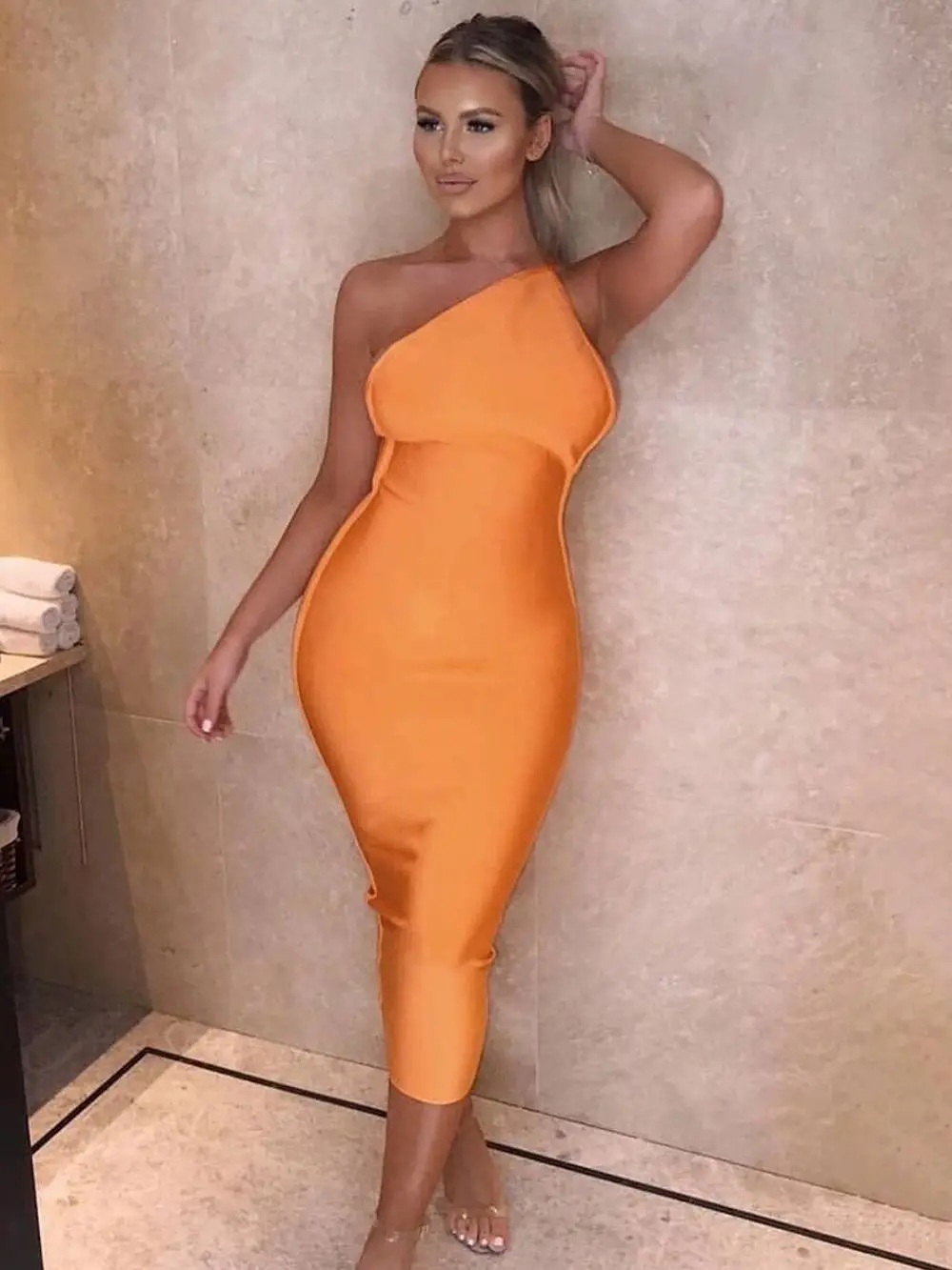 BEAUKEY 2023 Hot Orange Asymmetrical Backless Bandage Dress For Women Party Club Celebrity Midi Slim Vestidos Bodycon Cocktail - Image 2