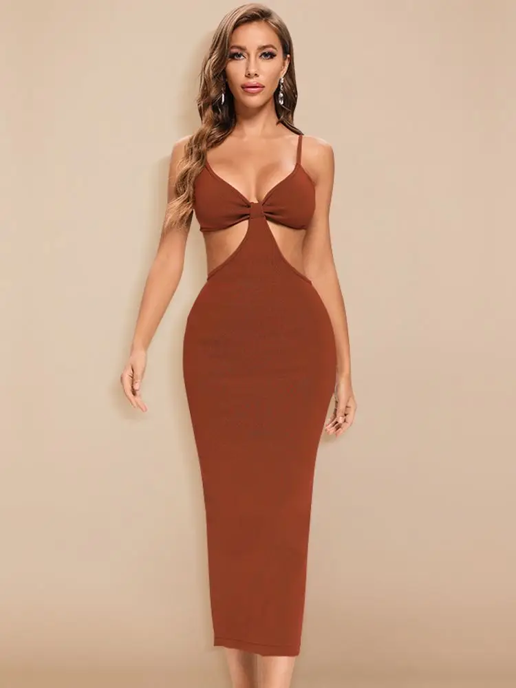 BEAUKEY Red Summer Women White Khaki Dress Bodycon Black Sexy Brown Club Celebrity Evening Hollow Party Maxi Dresse Ankle Length - Image 10