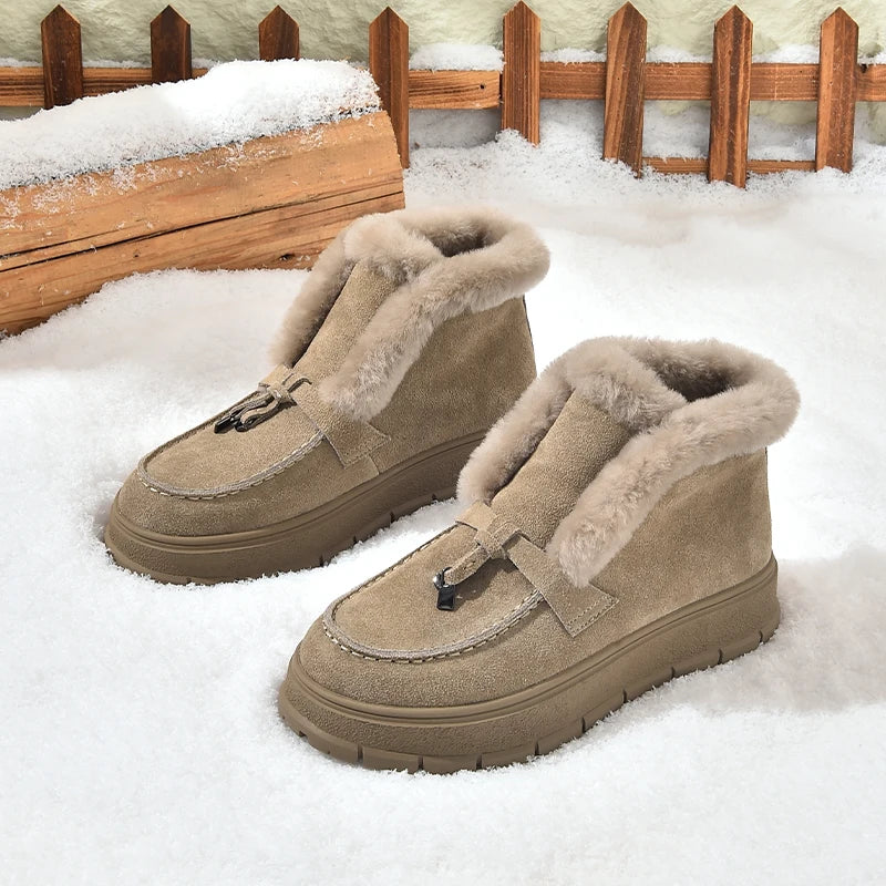 BEAUTODAY Snow Boots Women Cow Suede Platform Sole Round Toe Warm Fur Sewing Design Winter 2023 Ladies Shoes Handmade 08044 - Image 2