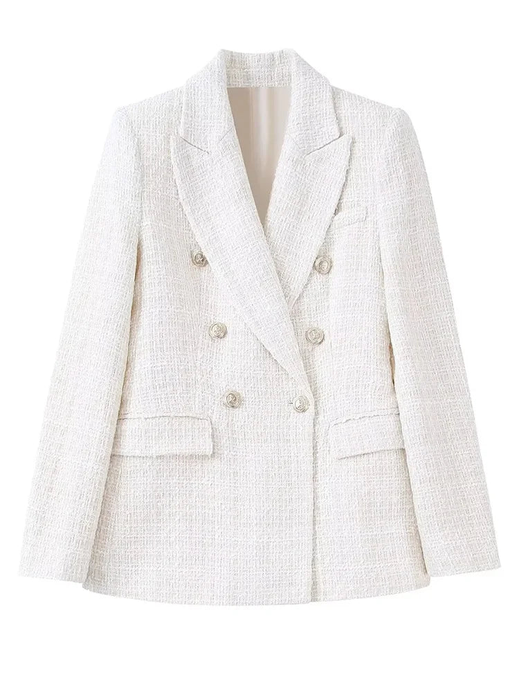 Beige Tweed Women Blazer Jacket 2022 New Office Lady Solid Color Double Breasted Button Up Coat Casual Girls Streetwear - Image 10