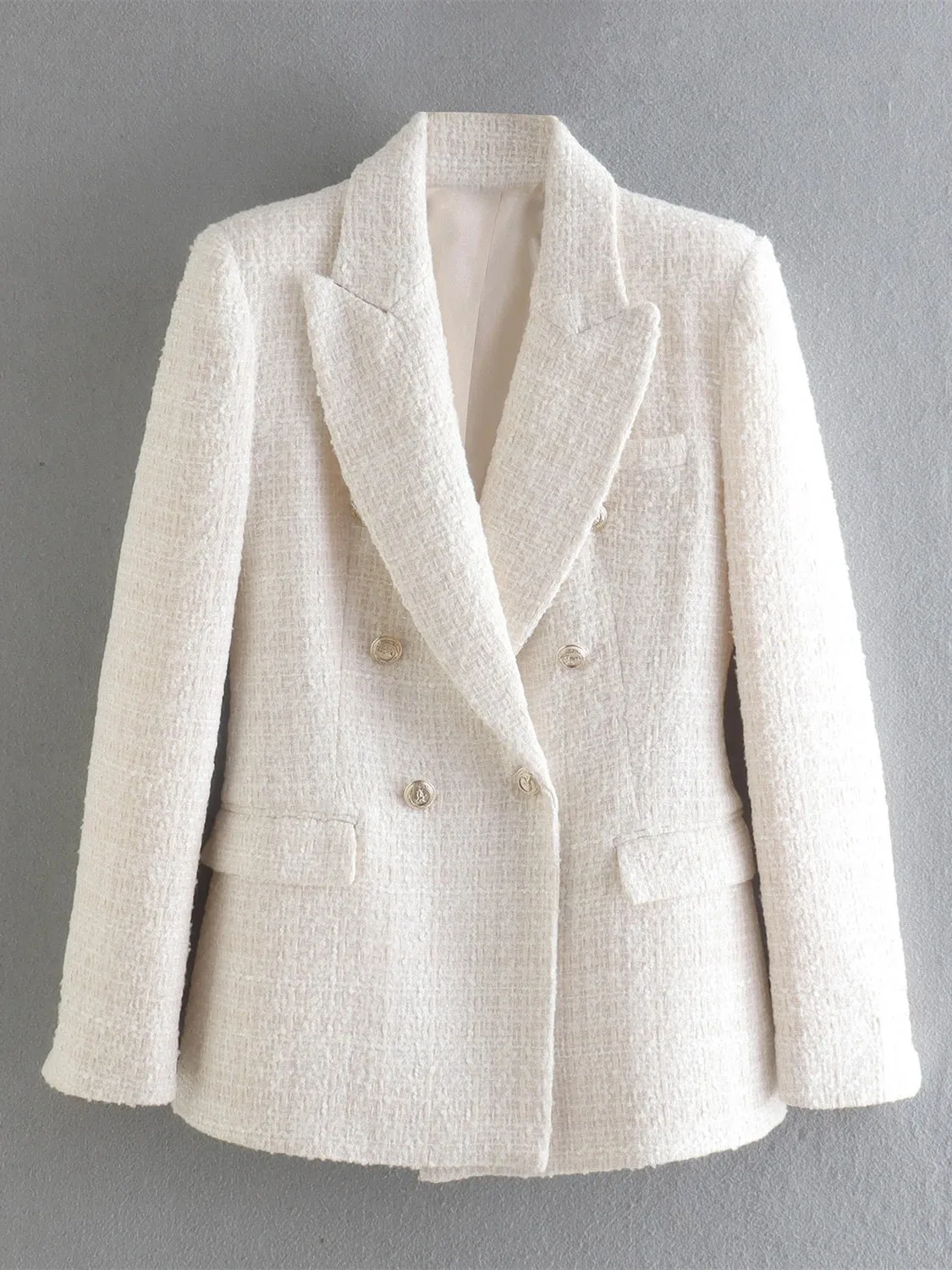 Beige Tweed Women Blazer Jacket 2022 New Office Lady Solid Color Double Breasted Button Up Coat Casual Girls Streetwear - Image 2
