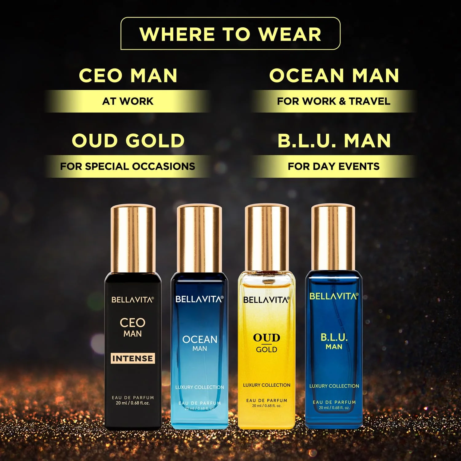 Bella Vita Luxury Luxury Collection Eau De Parfum (4x0.68 fl. oz.) | Father's day gifts | 4 in a box - Perfume Set for men | OUD GOLD, OCEAN, B.L.U & CEO Intense | Perfect for gifting - Image 4