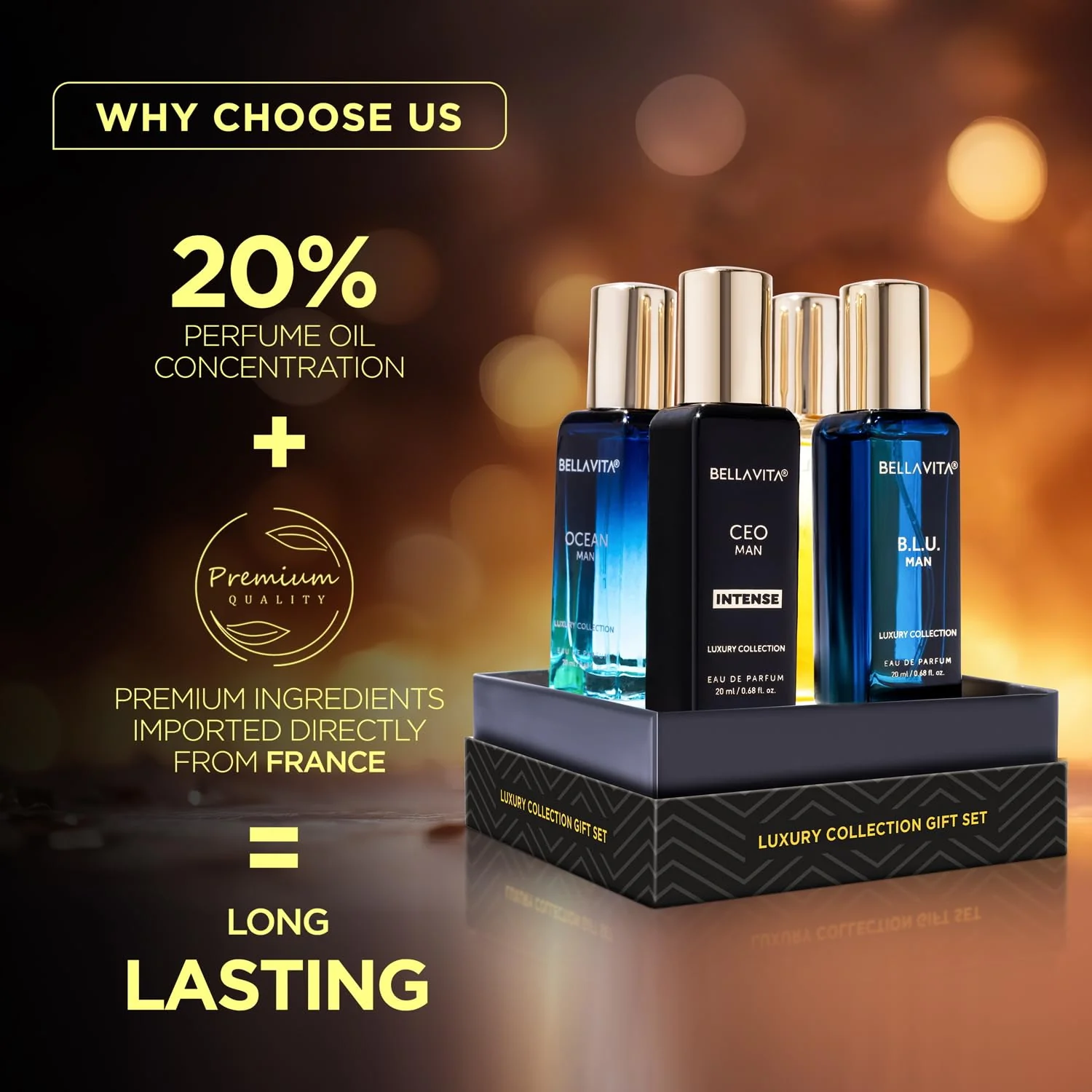 Bella Vita Luxury Luxury Collection Eau De Parfum (4x0.68 fl. oz.) | Father's day gifts | 4 in a box - Perfume Set for men | OUD GOLD, OCEAN, B.L.U & CEO Intense | Perfect for gifting - Image 5