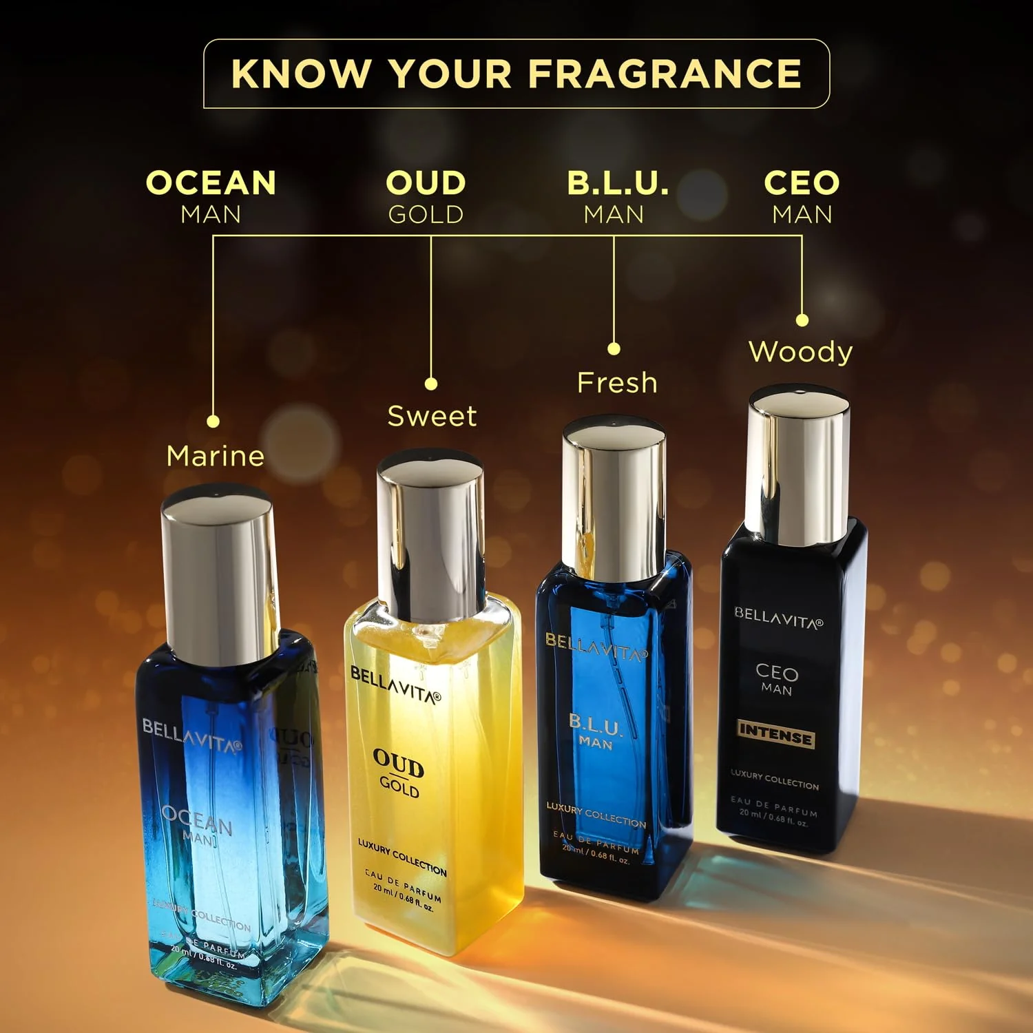Bella Vita Luxury Luxury Collection Eau De Parfum (4x0.68 fl. oz.) | Father's day gifts | 4 in a box - Perfume Set for men | OUD GOLD, OCEAN, B.L.U & CEO Intense | Perfect for gifting - Image 6