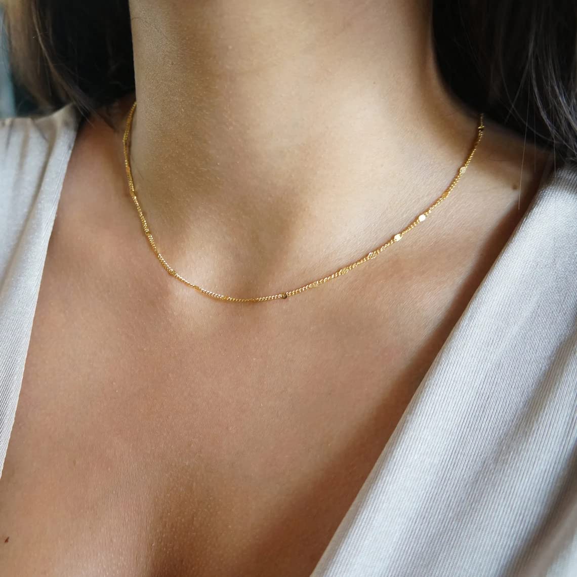 BERISO 14K Gold Plated Dainty Sparkle Dot Chain Necklace Shining Dot Sequins Necklace Simple Necklace with Adjustable Extension Chain Good Gift for Women Girls Mom Girlfriend - Image 6