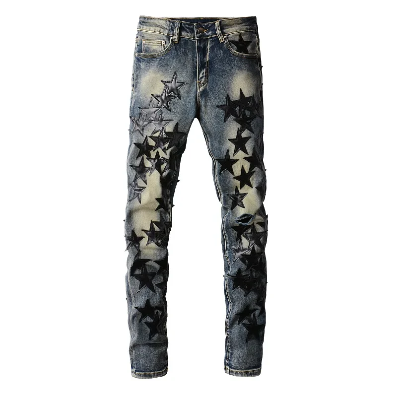Best Sellers Men's Distressed Streetwear Light Blue Denim Pants Black Stars Patchwork Moustache Holes Ripped Jeans Pants - Image 7