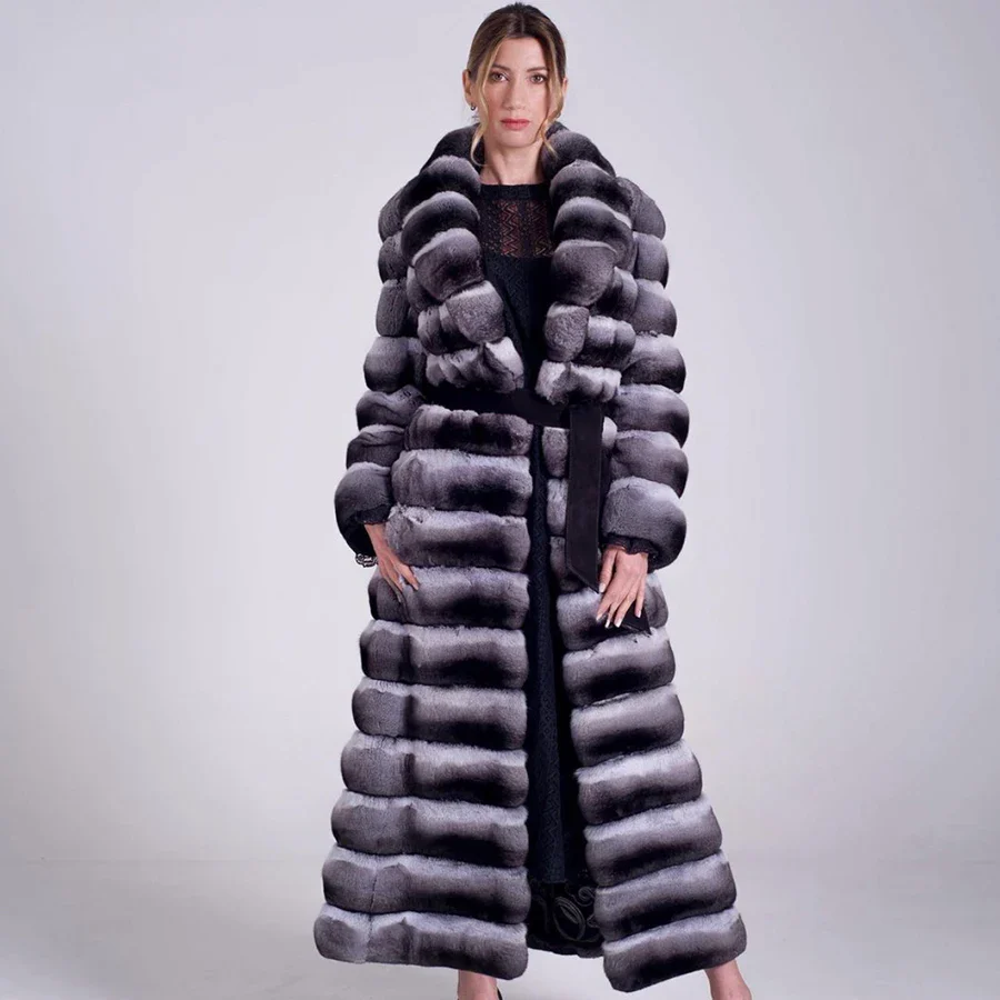 Best Selling Women's Jacket Chinchilla Real Coat Women's Long Winter Fur Real Rex Rabbit Fur Coat High Quality - Image 4
