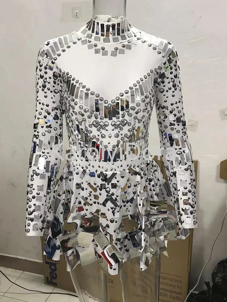 Bestselling Mirror Party Evening Dress Women Long Sleeve Stretch Mini Dress  Party Prom Women's Celebrate Dress Stage Costumes
