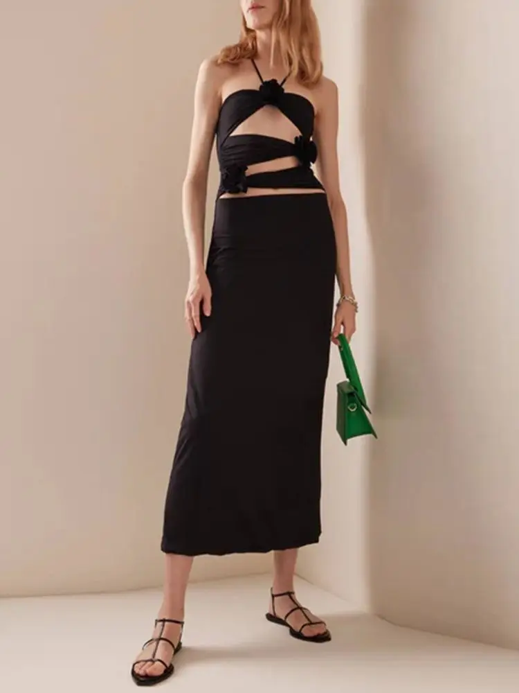 BEVENCCEL 2023 New Women's Strapless Sexy Hollow Fold 3D Flower Tight Maxi Dress Bodycon Elegant Celebrity Party Dress Vestidos - Image 4