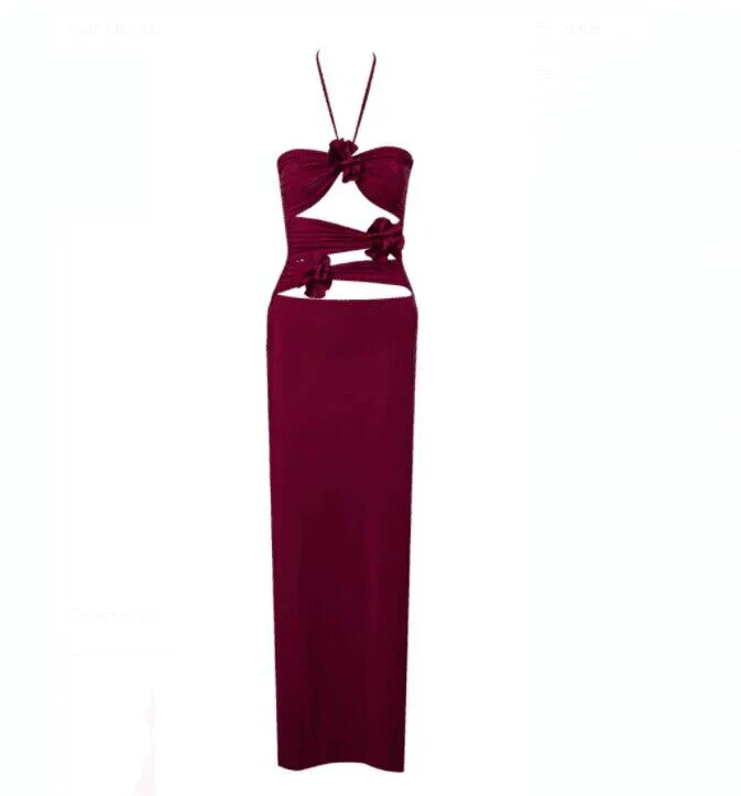 BEVENCCEL 2023 New Women's Strapless Sexy Hollow Fold 3D Flower Tight Maxi Dress Bodycon Elegant Celebrity Party Dress Vestidos - Image 9
