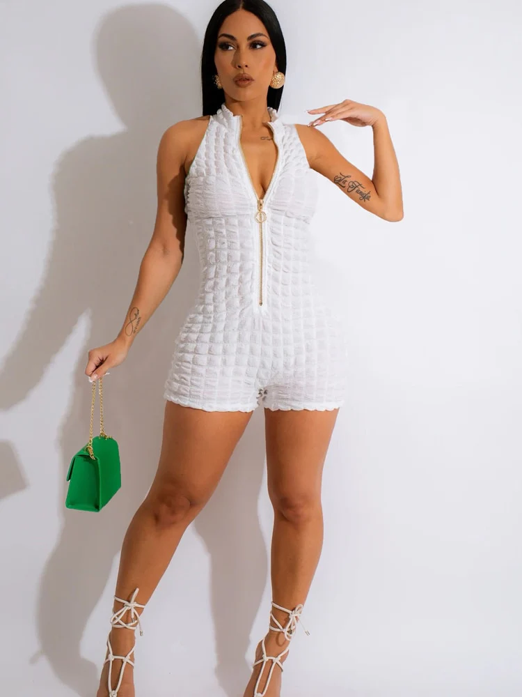 Sexy Bubbly Feels Stretch Ruched Romper For Womens Gold Zipper Sexy Short Jumpsuits - Image 9