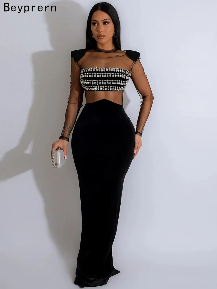 Beyprern Women's Sheer Mesh Rhinestones Décor Long Maxi Dress Glam See-Through Back Slit Sequin Party Dress Celebrities Outfits