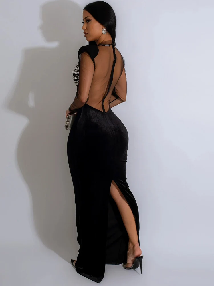 Beyprern Women's Sheer Mesh Rhinestones Décor Long Maxi Dress Glam See-Through Back Slit Sequin Party Dress Celebrities Outfits - Image 2